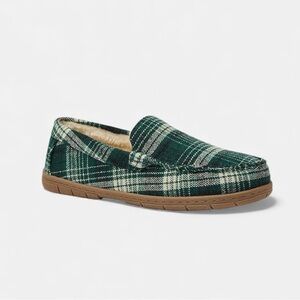 NWT Lands End Mens Fuzzy Lined Plaid Flannel Moccasin Slippers Size 10